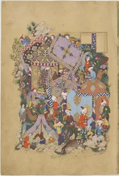 Majnun se acerca al campamento de la caravana de Layli, ilustración de un Haft Awrang
